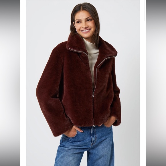 French Connection Jackets & Blazers - French Connection Buona Faux Fur Zip Jacket Chocolate Brown Burgundy Size Small